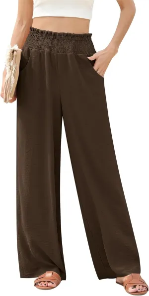 Womens Wide Leg Lounge Pants Smocked Elastic Waisted Loose Flowy Palazzo Beach Vacation Summer Casual Wear 2025