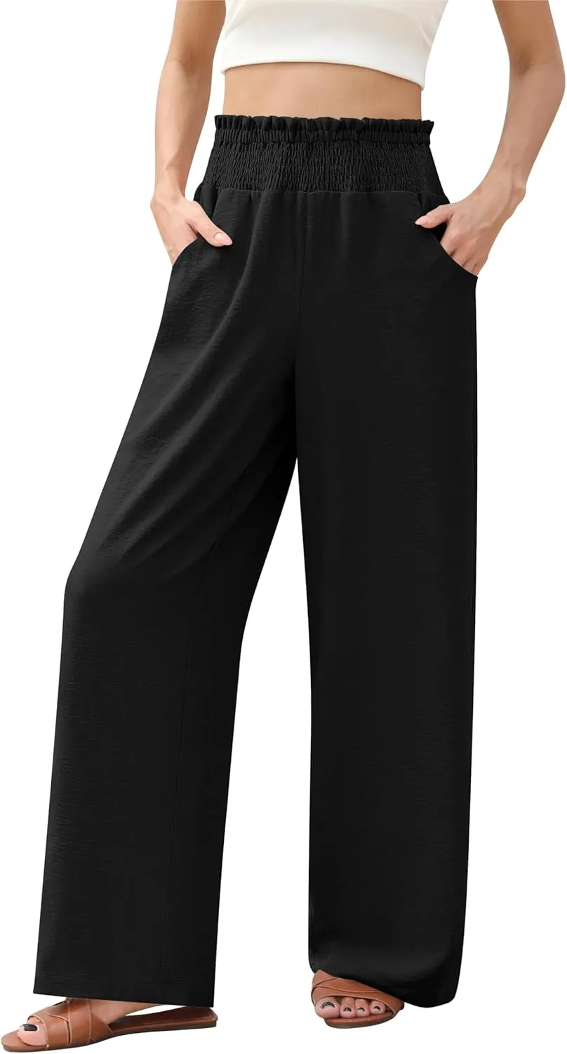 Womens Wide Leg Lounge Pants Smocked Elastic Waisted Loose Flowy Palazzo Beach Vacation Summer Casual Wear 2025