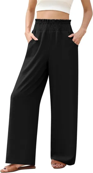 Womens Wide Leg Lounge Pants Smocked Elastic Waisted Loose Flowy Palazzo Beach Vacation Summer Casual Wear 2025