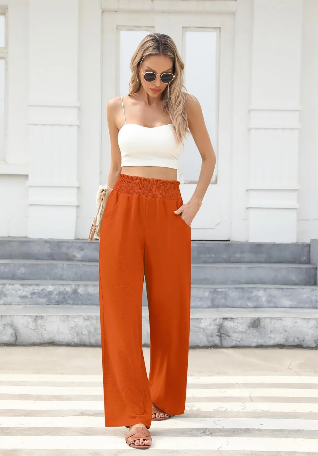 Womens Wide Leg Lounge Pants Smocked Elastic Waisted Loose Flowy Palazzo Beach Vacation Summer Casual Wear 2025
