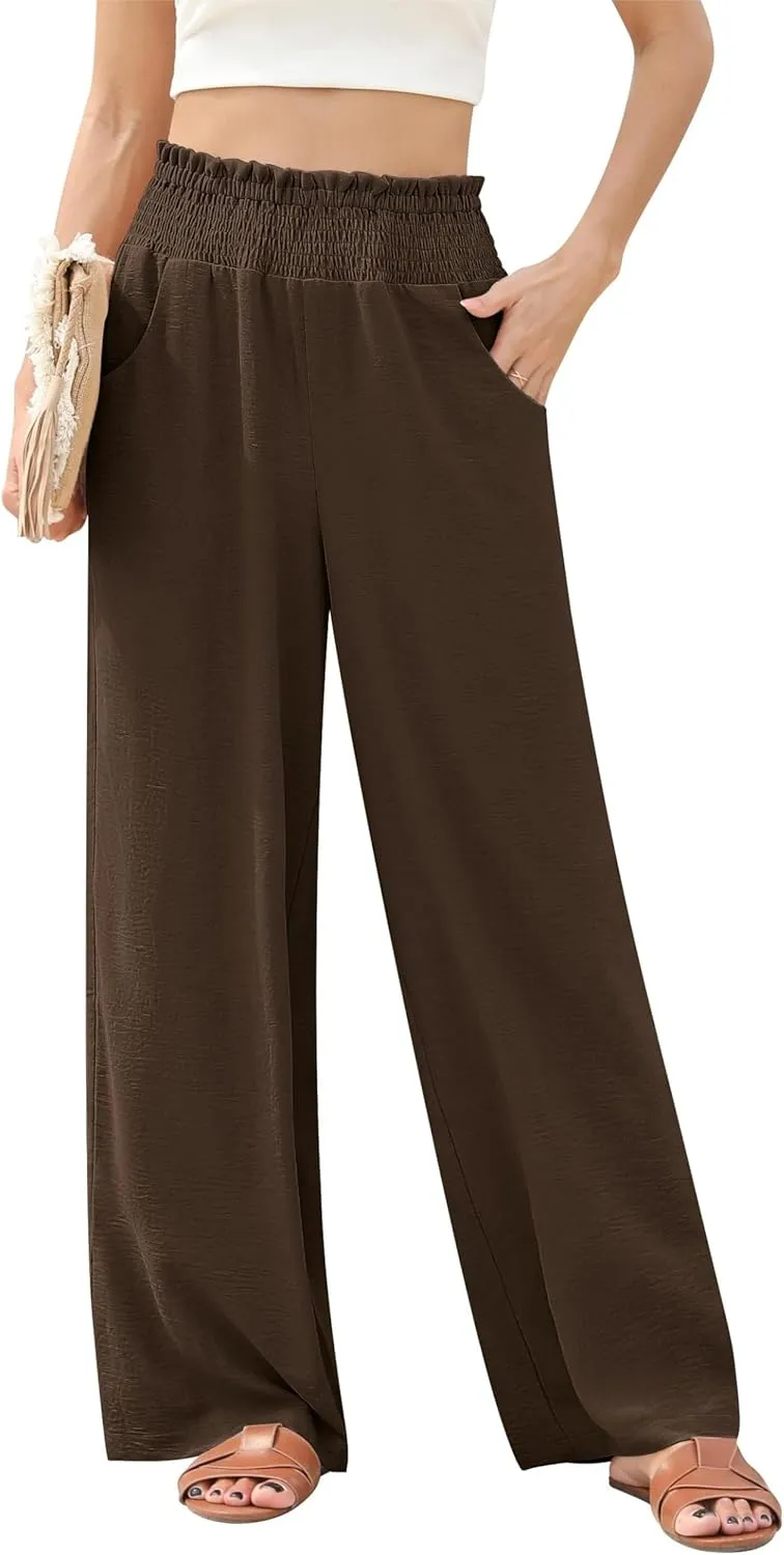 Womens Wide Leg Lounge Pants Smocked Elastic Waisted Loose Flowy Palazzo Beach Vacation Summer Casual Wear 2025