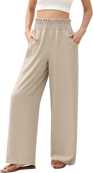 Womens Wide Leg Lounge Pants Smocked Elastic Waisted Loose Flowy Palazzo Beach Vacation Summer Casual Wear 2025