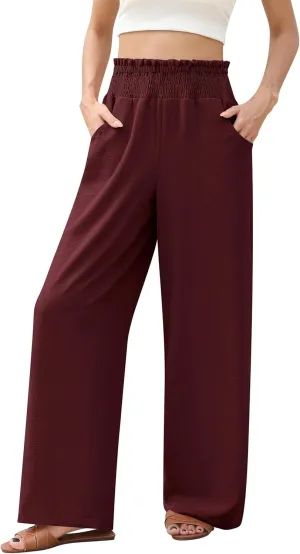 Womens Wide Leg Lounge Pants Smocked Elastic Waisted Loose Flowy Palazzo Beach Vacation Summer Casual Wear 2025