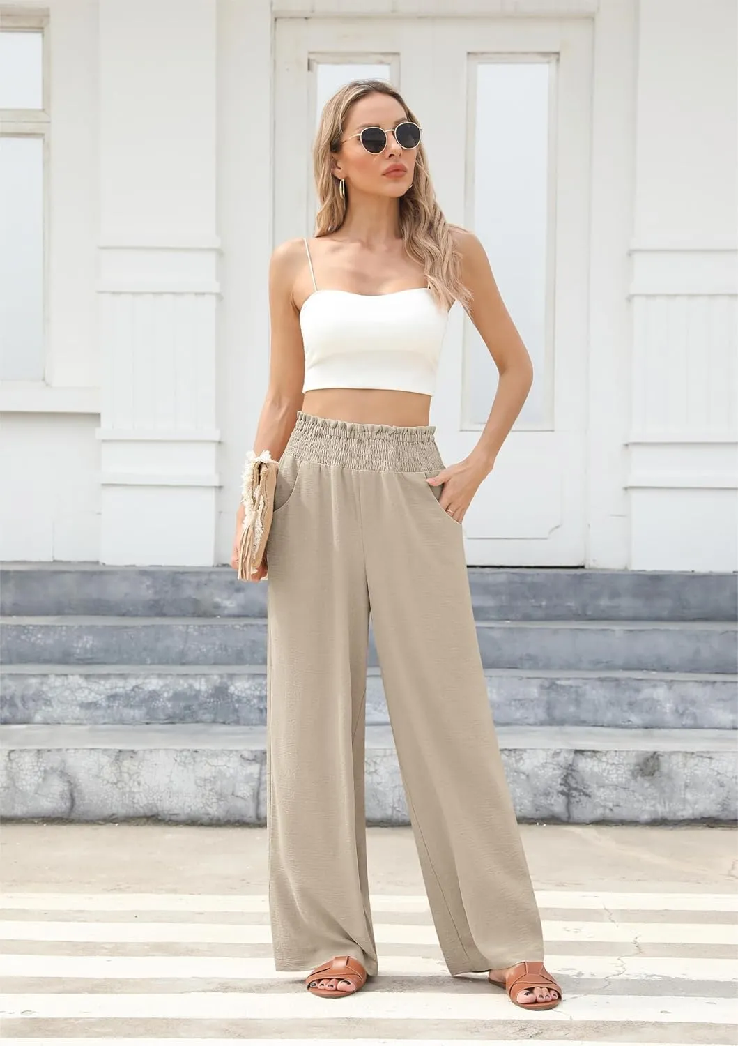 Womens Wide Leg Lounge Pants Smocked Elastic Waisted Loose Flowy Palazzo Beach Vacation Summer Casual Wear 2025