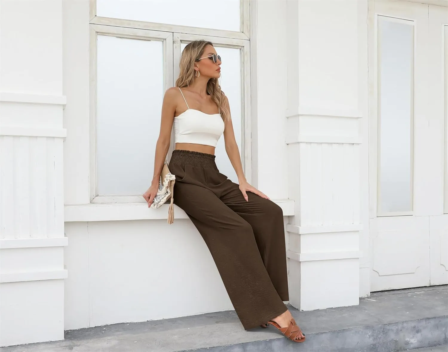 Womens Wide Leg Lounge Pants Smocked Elastic Waisted Loose Flowy Palazzo Beach Vacation Summer Casual Wear 2025