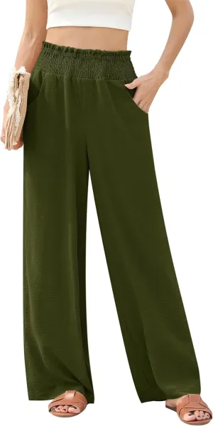 Womens Wide Leg Lounge Pants Smocked Elastic Waisted Loose Flowy Palazzo Beach Vacation Summer Casual Wear 2025