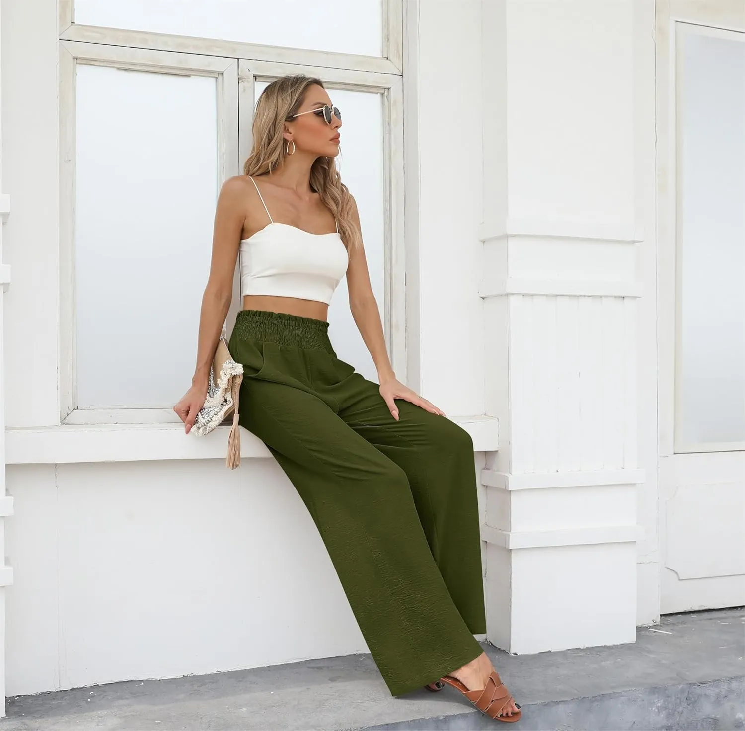 Womens Wide Leg Lounge Pants Smocked Elastic Waisted Loose Flowy Palazzo Beach Vacation Summer Casual Wear 2025