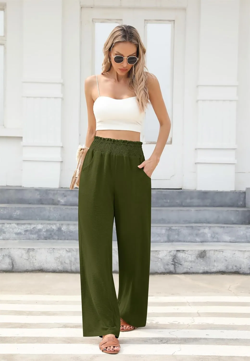 Womens Wide Leg Lounge Pants Smocked Elastic Waisted Loose Flowy Palazzo Beach Vacation Summer Casual Wear 2025