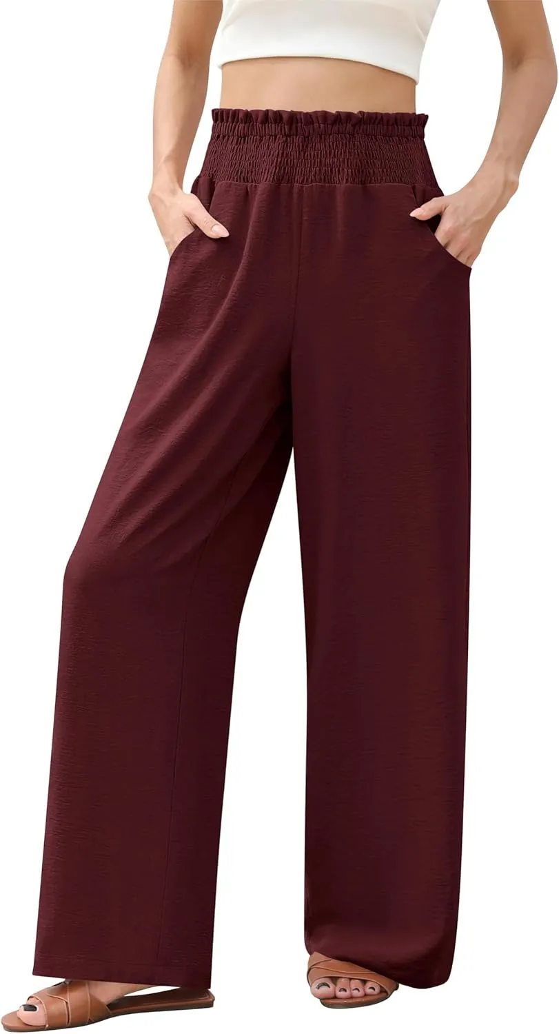 Womens Wide Leg Lounge Pants Smocked Elastic Waisted Loose Flowy Palazzo Beach Vacation Summer Casual Wear 2025
