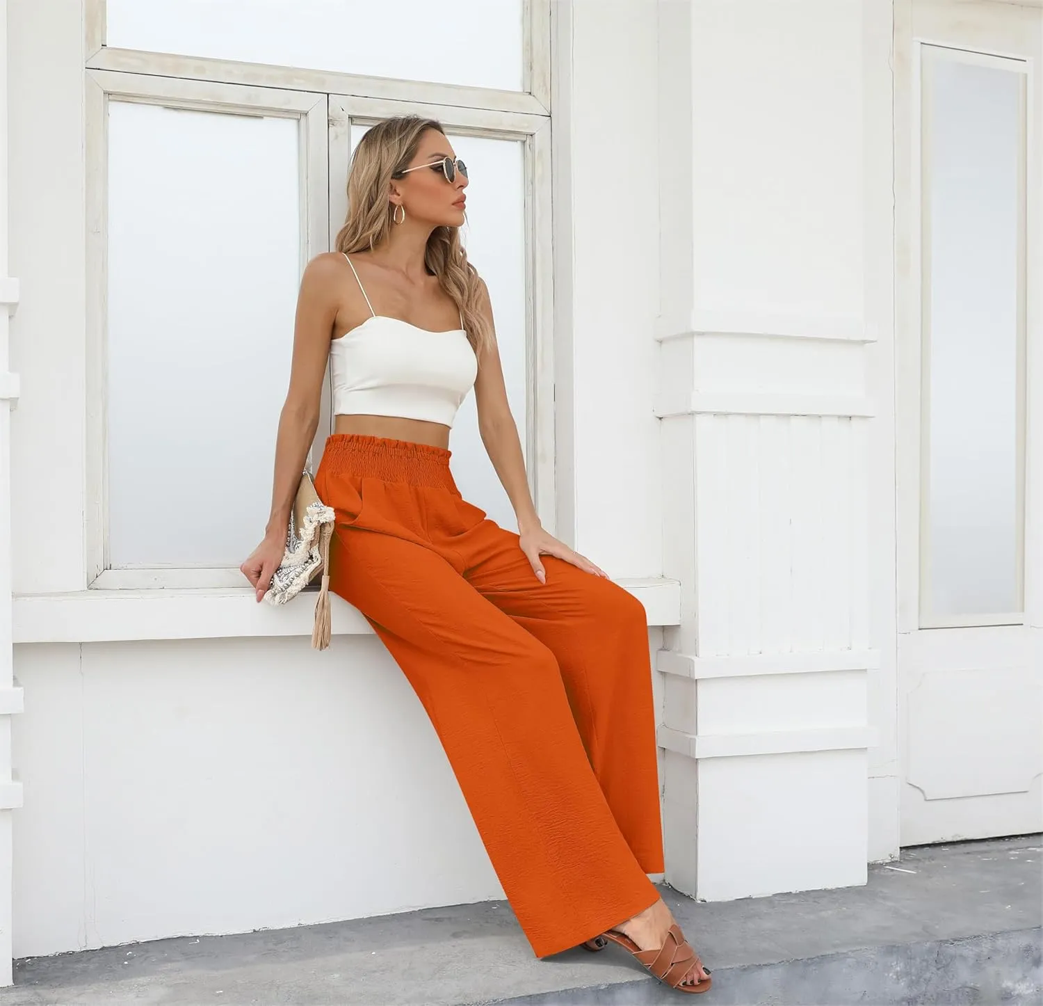 Womens Wide Leg Lounge Pants Smocked Elastic Waisted Loose Flowy Palazzo Beach Vacation Summer Casual Wear 2025