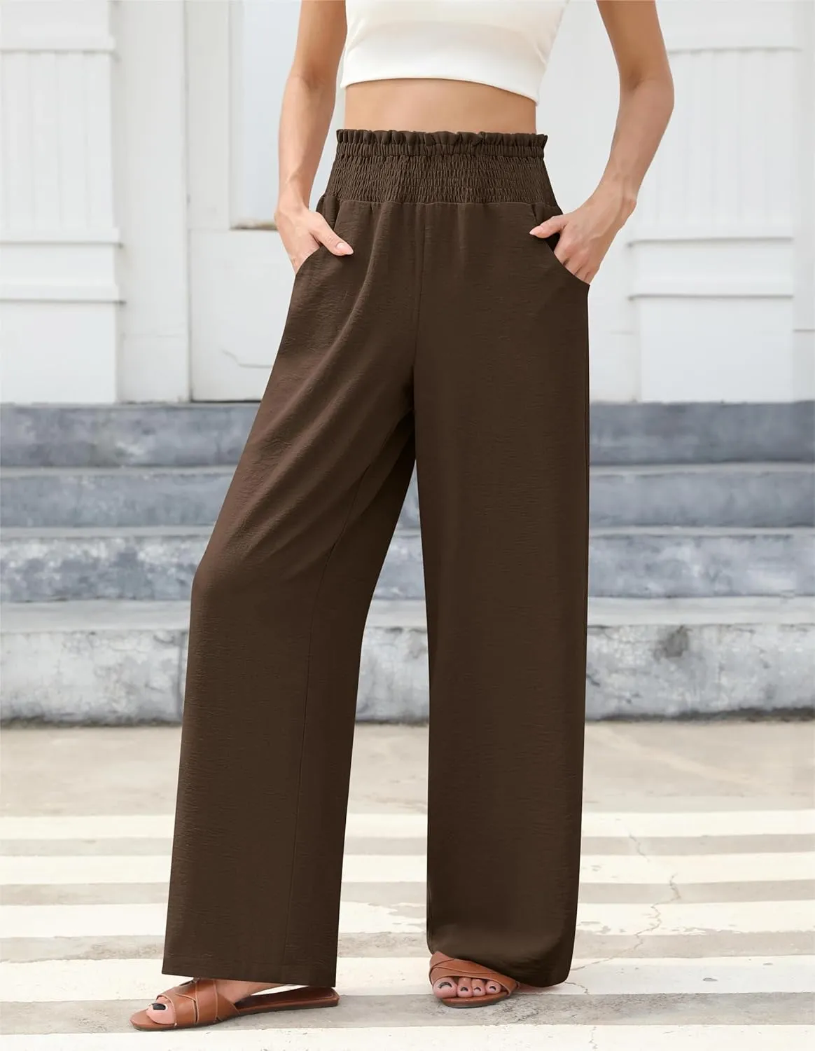 Womens Wide Leg Lounge Pants Smocked Elastic Waisted Loose Flowy Palazzo Beach Vacation Summer Casual Wear 2025
