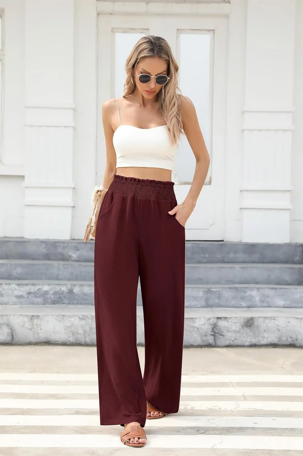 Womens Wide Leg Lounge Pants Smocked Elastic Waisted Loose Flowy Palazzo Beach Vacation Summer Casual Wear 2025