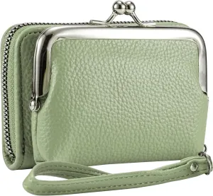 Women's Wristlet Wallet with Coin Purse - 9 Slot Zipper Card Organizer, PU Leather Wrist Wallets for Women with Kiss Lock & Detachable Strap, Multi-Functional Compact Wallet(Green)