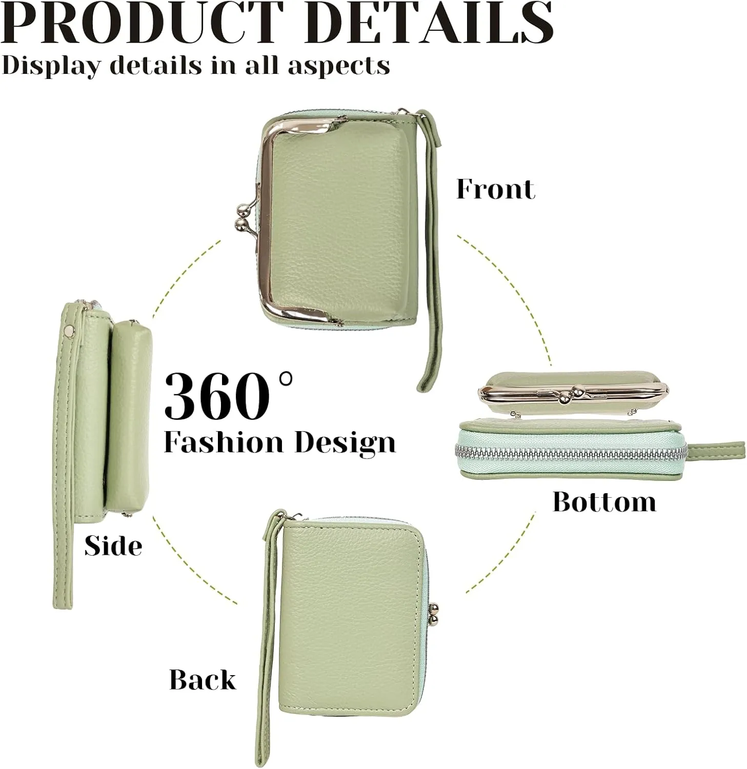 Women's Wristlet Wallet with Coin Purse - 9 Slot Zipper Card Organizer, PU Leather Wrist Wallets for Women with Kiss Lock & Detachable Strap, Multi-Functional Compact Wallet(Green)