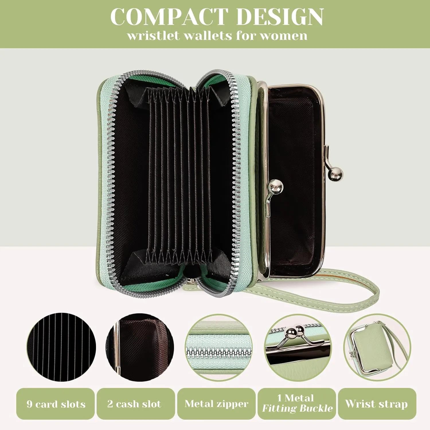 Women's Wristlet Wallet with Coin Purse - 9 Slot Zipper Card Organizer, PU Leather Wrist Wallets for Women with Kiss Lock & Detachable Strap, Multi-Functional Compact Wallet(Green)