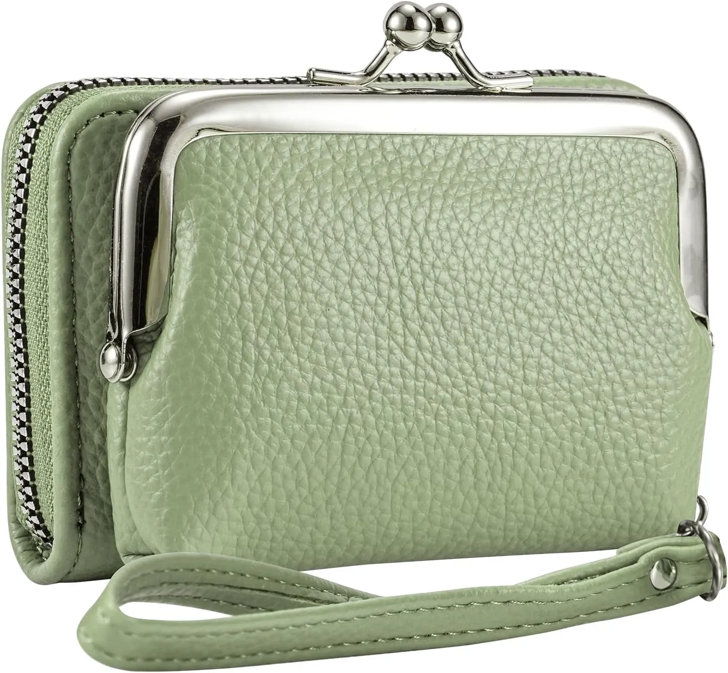 Women's Wristlet Wallet with Coin Purse - 9 Slot Zipper Card Organizer, PU Leather Wrist Wallets for Women with Kiss Lock & Detachable Strap, Multi-Functional Compact Wallet(Green)