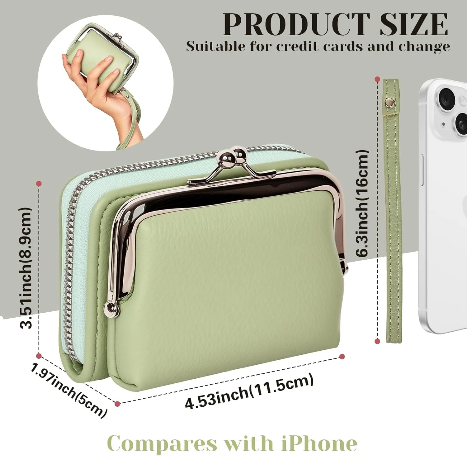 Women's Wristlet Wallet with Coin Purse - 9 Slot Zipper Card Organizer, PU Leather Wrist Wallets for Women with Kiss Lock & Detachable Strap, Multi-Functional Compact Wallet(Green)