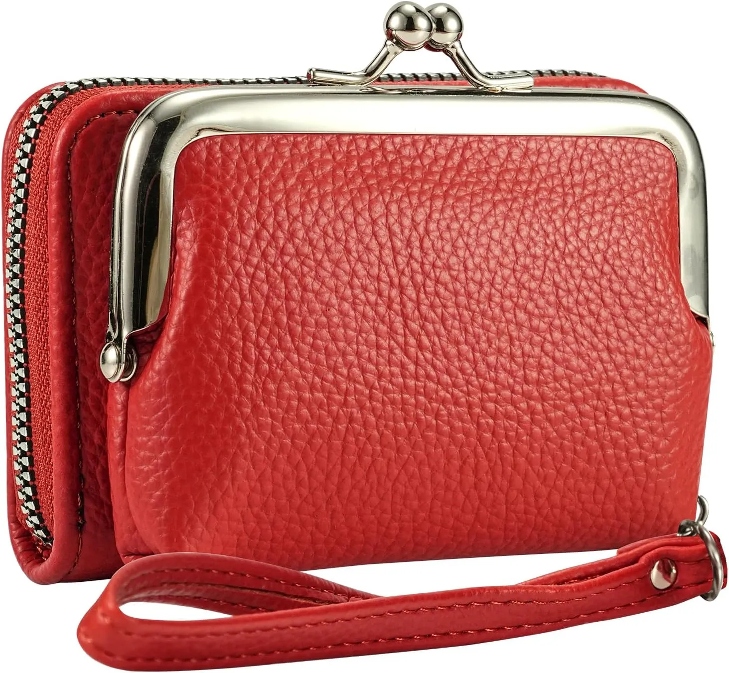 Women's Wristlet Wallet with Coin Purse - 9 Slot Zipper Card Organizer, PU Leather Wrist Wallets for Women with Kiss Lock & Detachable Strap, Multi-Functional Compact Wallet(Red)