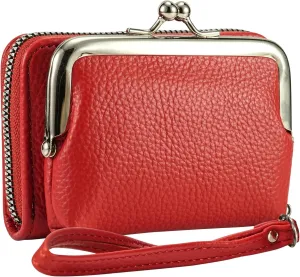 Women's Wristlet Wallet with Coin Purse - 9 Slot Zipper Card Organizer, PU Leather Wrist Wallets for Women with Kiss Lock & Detachable Strap, Multi-Functional Compact Wallet(Red)