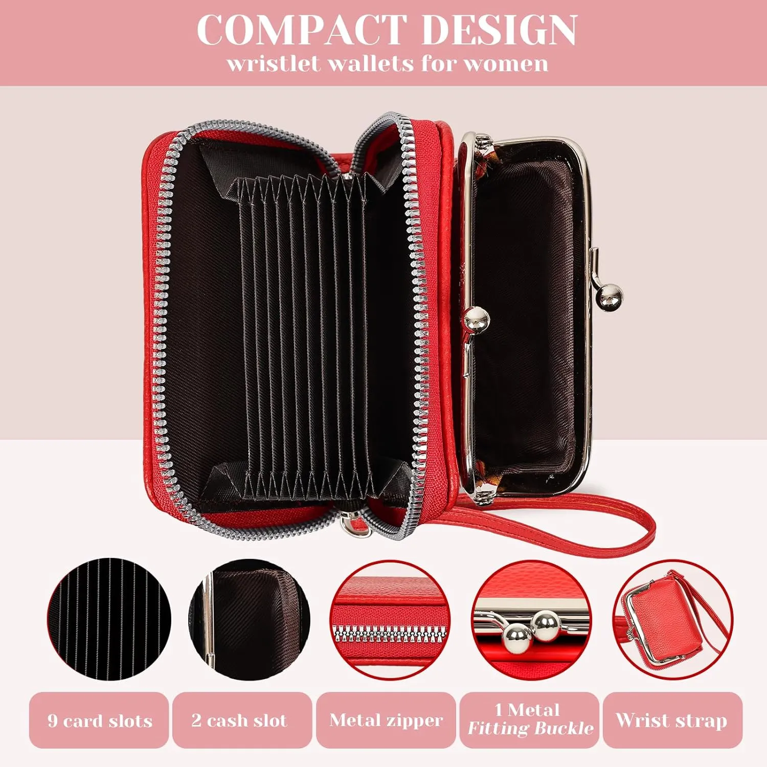Women's Wristlet Wallet with Coin Purse - 9 Slot Zipper Card Organizer, PU Leather Wrist Wallets for Women with Kiss Lock & Detachable Strap, Multi-Functional Compact Wallet(Red)