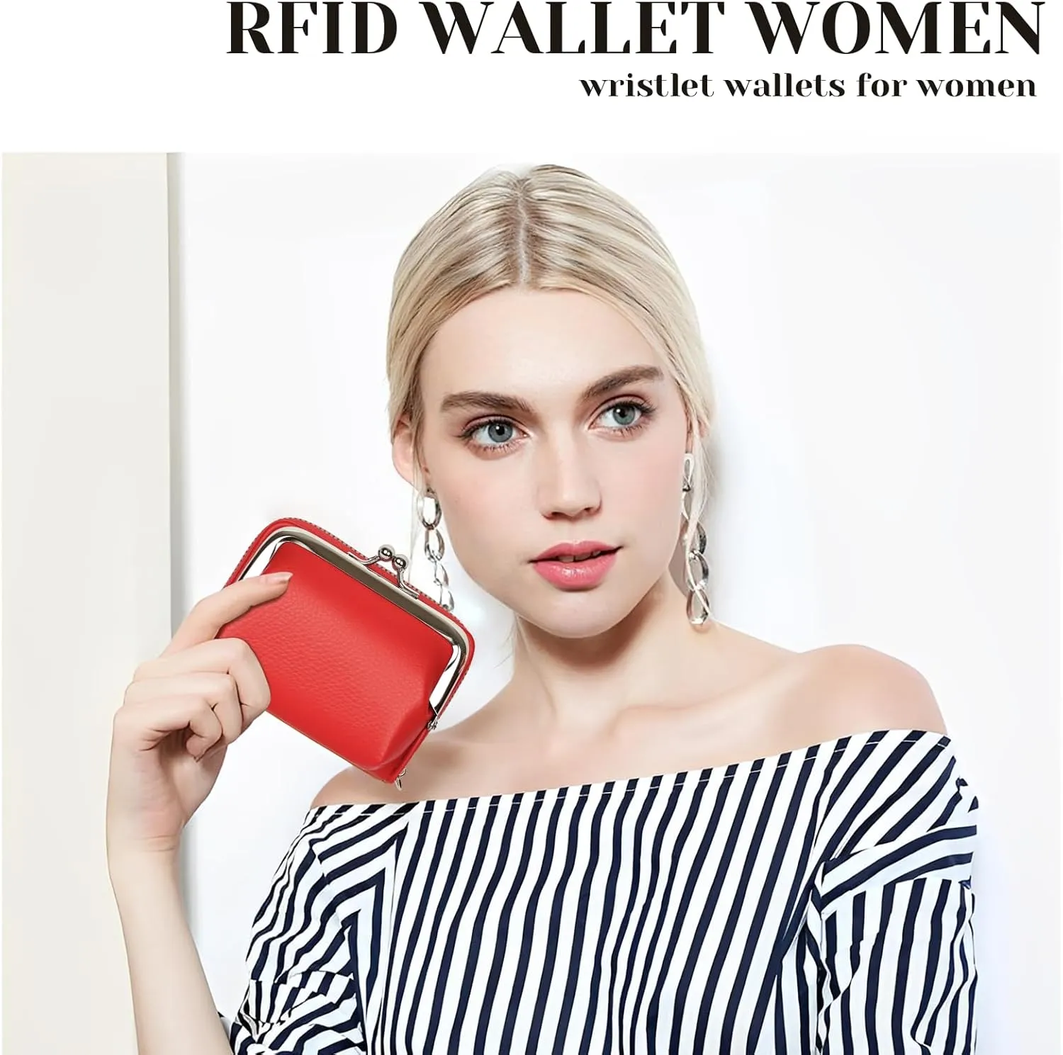 Women's Wristlet Wallet with Coin Purse - 9 Slot Zipper Card Organizer, PU Leather Wrist Wallets for Women with Kiss Lock & Detachable Strap, Multi-Functional Compact Wallet(Red)