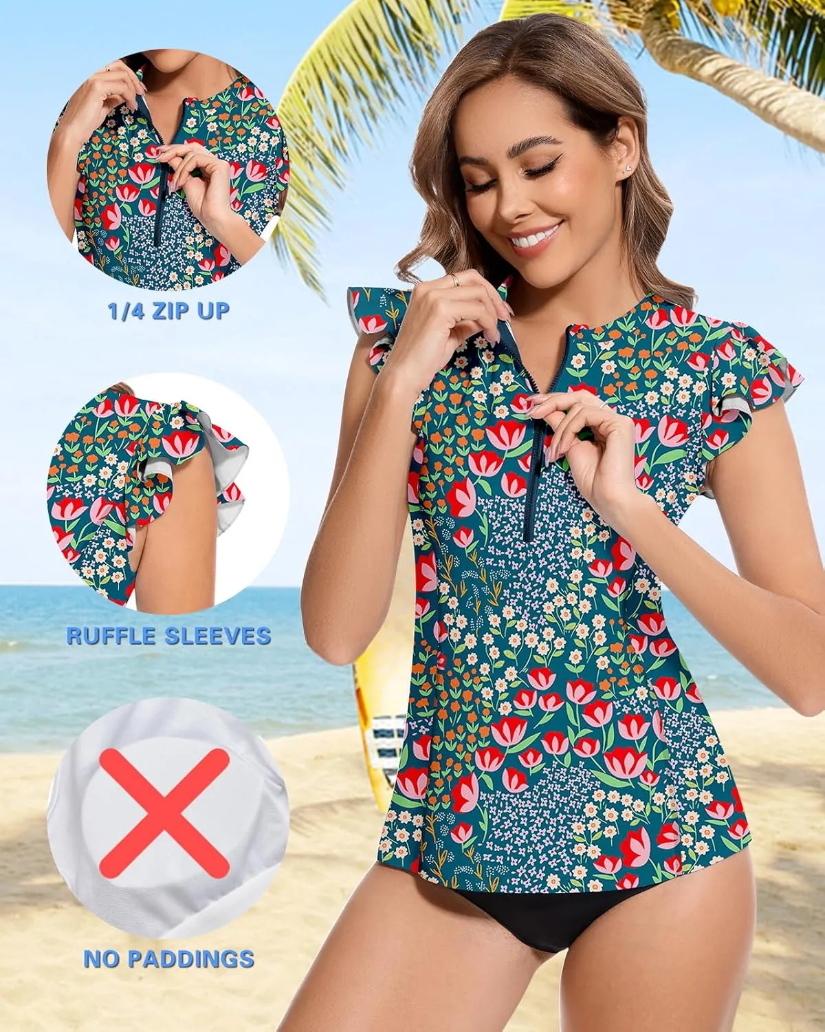WOWENY Women Rash Guard Ruffle Sleeveless Swim Shirts Sun Protection Swimsuit Top Bathing Suit No Bottom