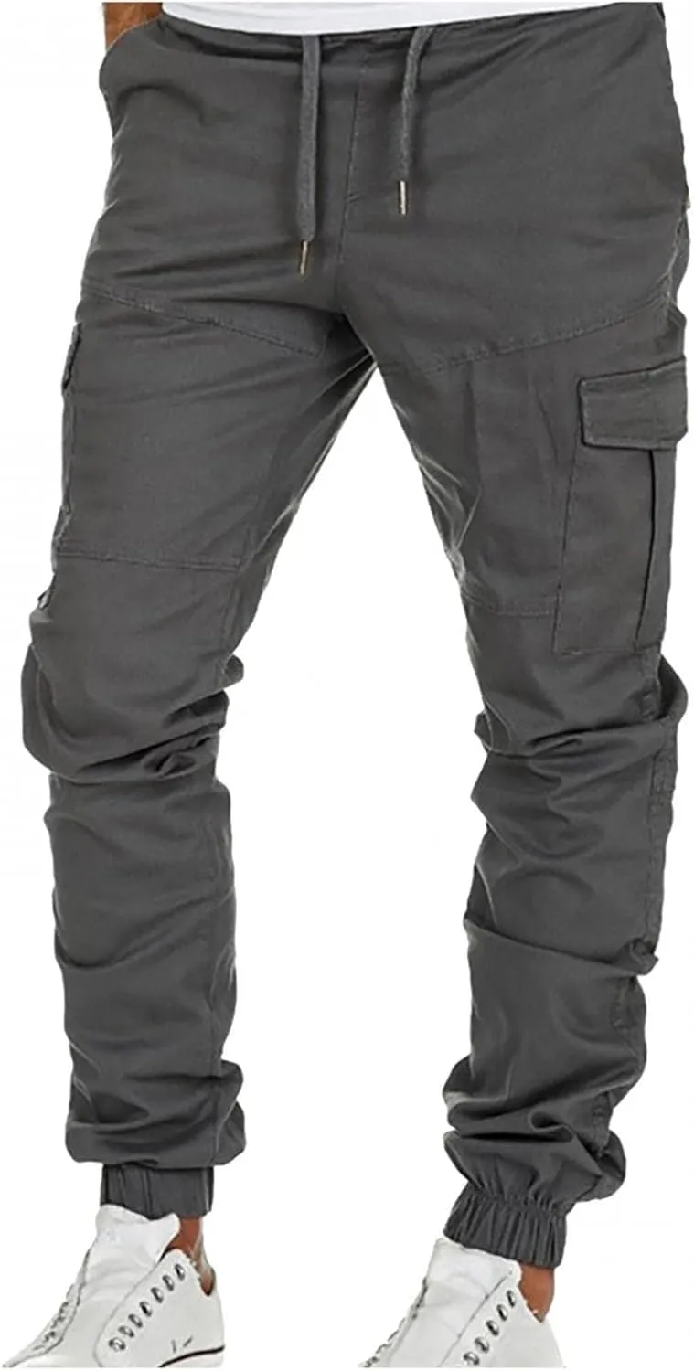 WUAI-Men Fashion Slim Fit Jogger Pants Drawstring Stretch Twill Cargo Athletic Workout Chino Utility Combat Pants with Pocket
