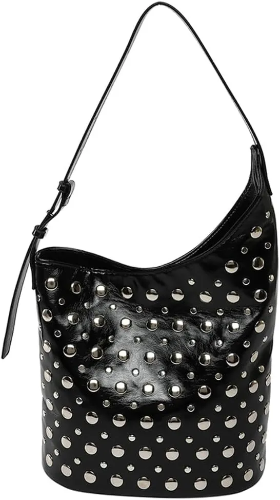 Y2K PU Leather Shoulder Bag for Women Rivet Bucket Tote Purse Trendy Handbag Travel Party