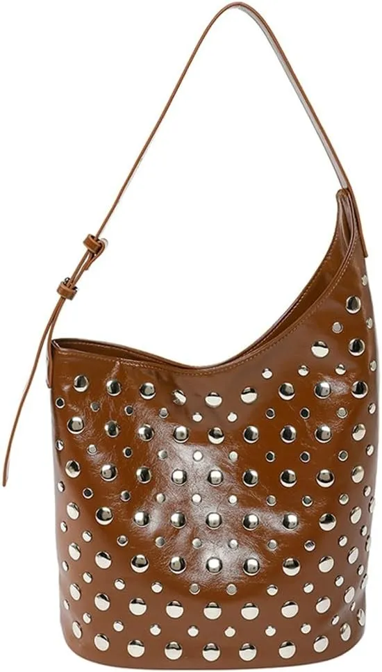 Y2K PU Leather Shoulder Bag for Women Rivet Bucket Tote Purse Trendy Handbag Travel Party