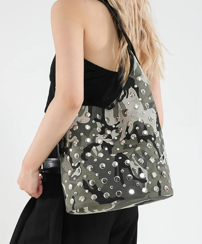 Y2K PU Leather Shoulder Bag for Women Rivet Bucket Tote Purse Trendy Handbag Travel Party