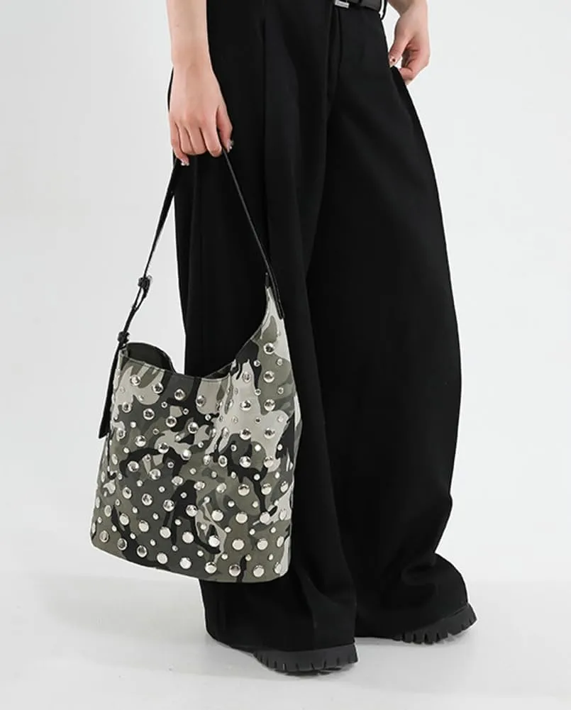 Y2K PU Leather Shoulder Bag for Women Rivet Bucket Tote Purse Trendy Handbag Travel Party