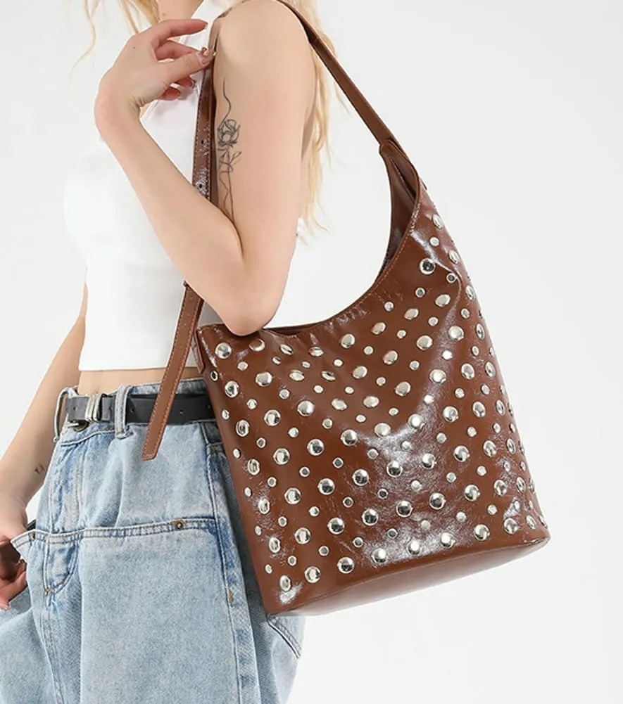 Y2K PU Leather Shoulder Bag for Women Rivet Bucket Tote Purse Trendy Handbag Travel Party