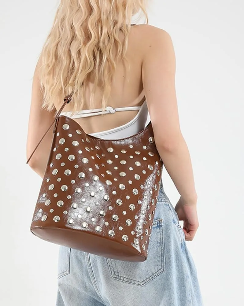 Y2K PU Leather Shoulder Bag for Women Rivet Bucket Tote Purse Trendy Handbag Travel Party