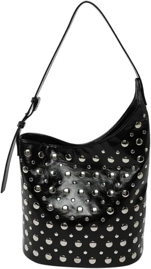 Y2K PU Leather Shoulder Bag for Women Rivet Bucket Tote Purse Trendy Handbag Travel Party