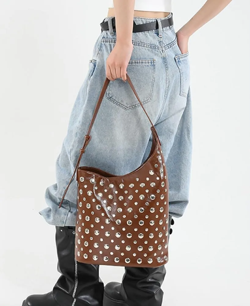 Y2K PU Leather Shoulder Bag for Women Rivet Bucket Tote Purse Trendy Handbag Travel Party