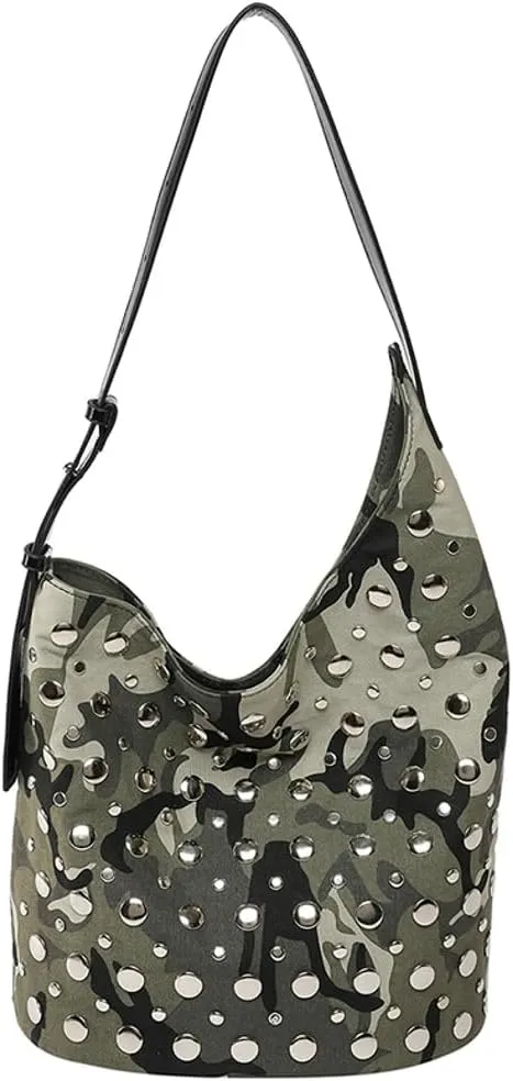 Y2K PU Leather Shoulder Bag for Women Rivet Bucket Tote Purse Trendy Handbag Travel Party