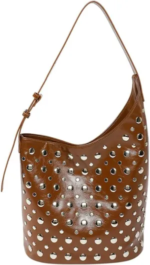 Y2K PU Leather Shoulder Bag for Women Rivet Bucket Tote Purse Trendy Handbag Travel Party