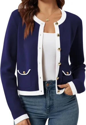 Yousify Womens Button Down Cardigan Long Sleeve Color Block Cropped Cardigan Sweaters Knit Blazer with Pockets