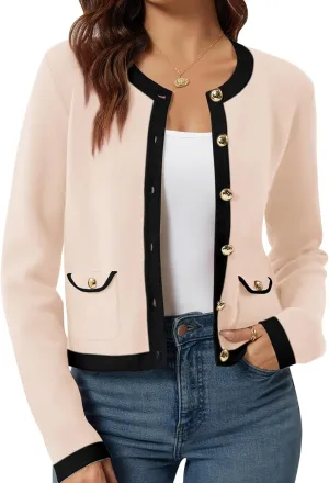 Yousify Womens Button Down Cardigan Long Sleeve Color Block Cropped Cardigan Sweaters Knit Blazer with Pockets