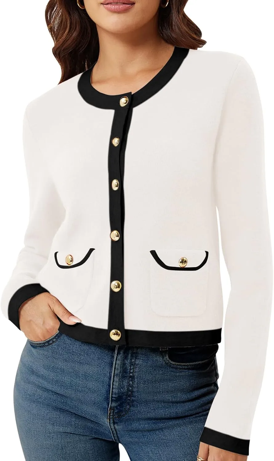 Yousify Womens Button Down Cardigan Long Sleeve Color Block Cropped Cardigan Sweaters Knit Blazer with Pockets