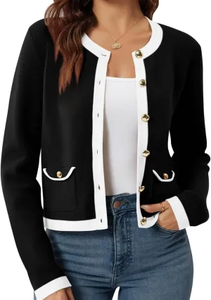 Yousify Womens Button Down Cardigan Long Sleeve Color Block Cropped Cardigan Sweaters Knit Blazer with Pockets