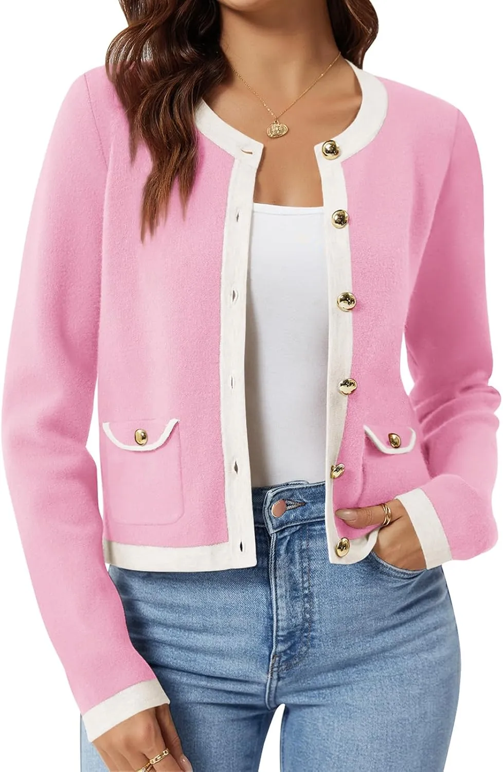 Yousify Womens Button Down Cardigan Long Sleeve Color Block Cropped Cardigan Sweaters Knit Blazer with Pockets