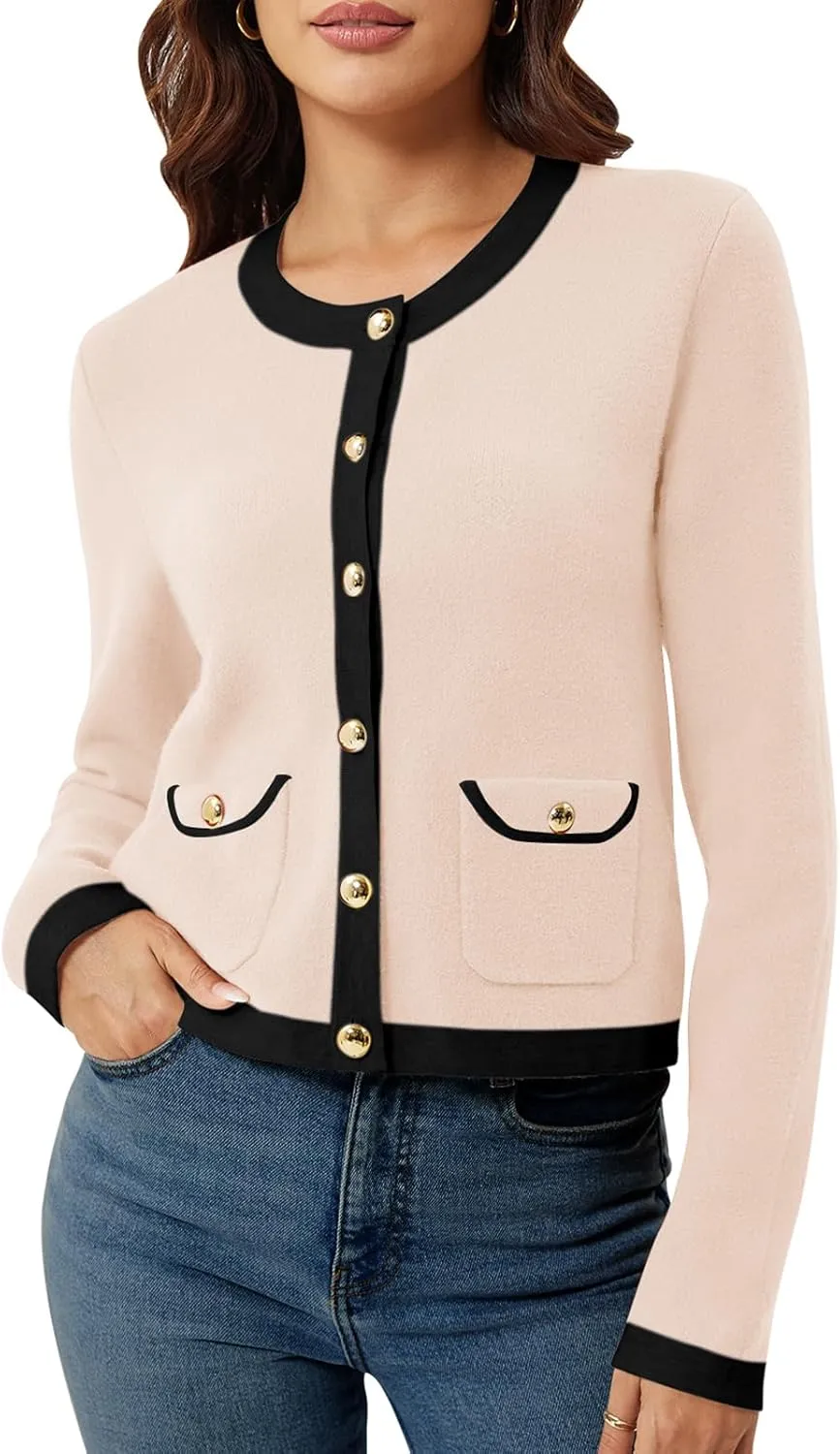 Yousify Womens Button Down Cardigan Long Sleeve Color Block Cropped Cardigan Sweaters Knit Blazer with Pockets