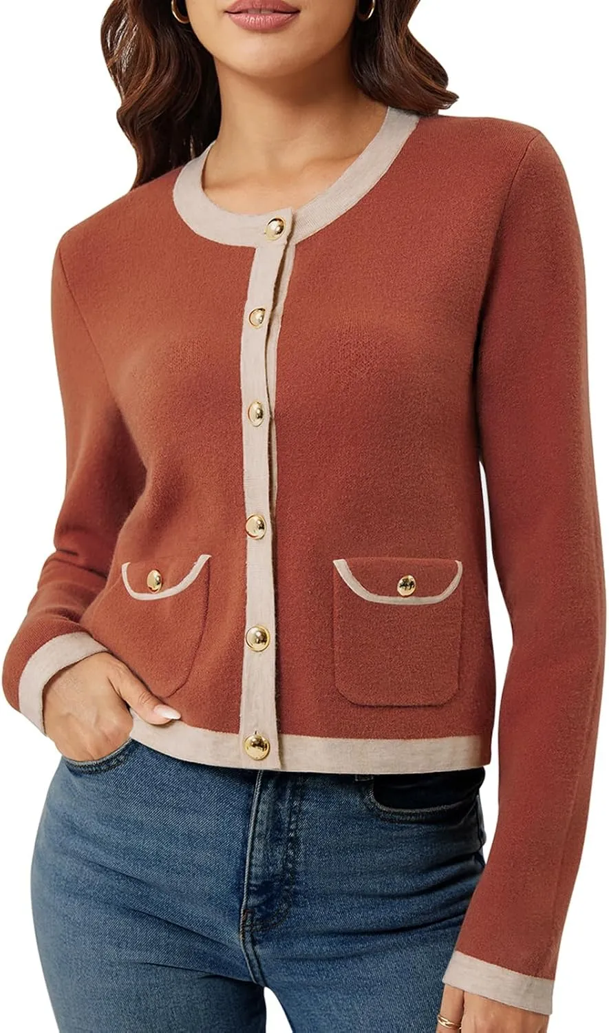Yousify Womens Button Down Cardigan Long Sleeve Color Block Cropped Cardigan Sweaters Knit Blazer with Pockets