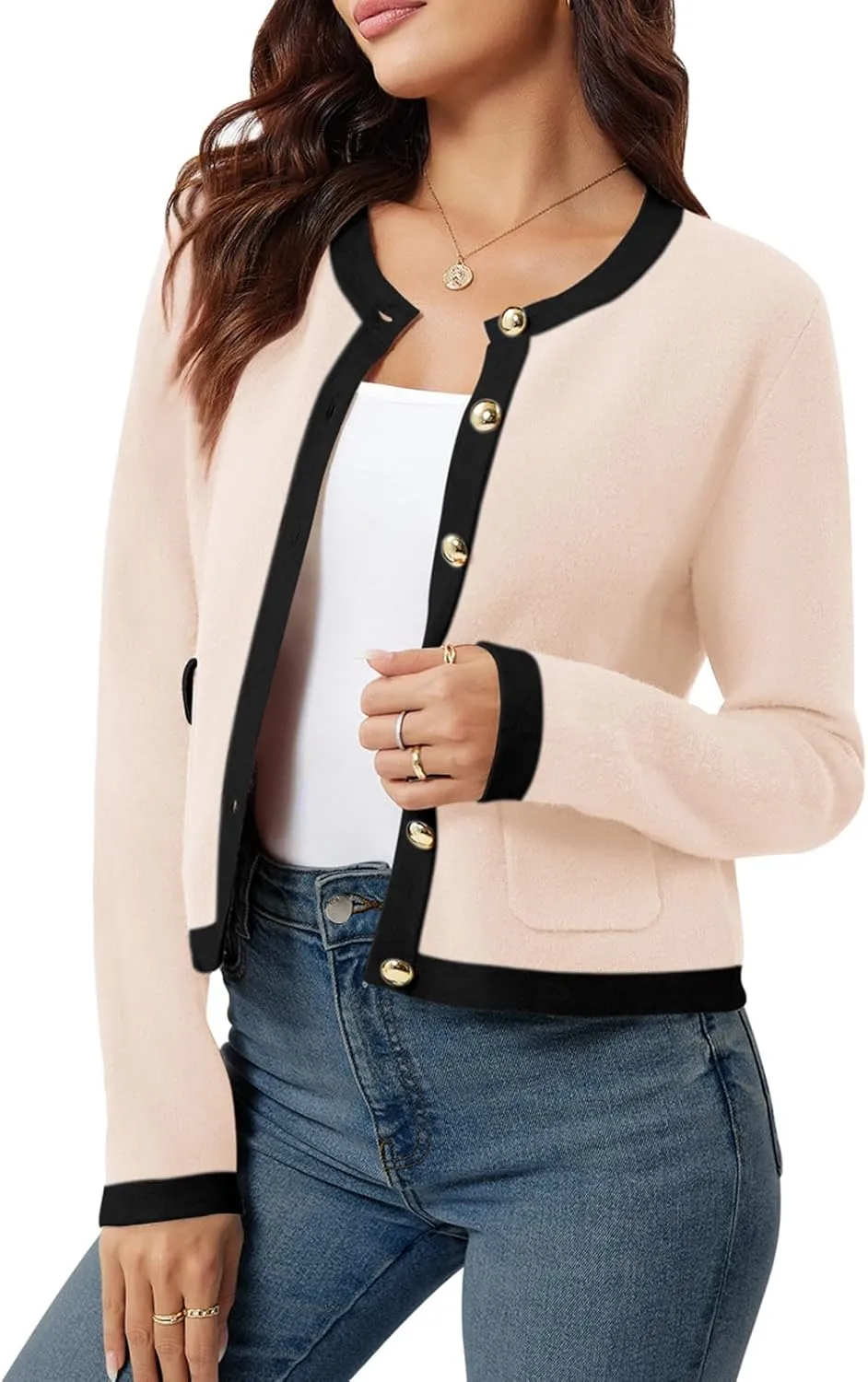 Yousify Womens Button Down Cardigan Long Sleeve Color Block Cropped Cardigan Sweaters Knit Blazer with Pockets