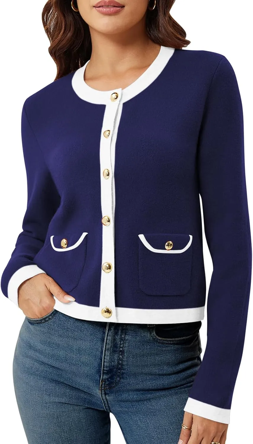 Yousify Womens Button Down Cardigan Long Sleeve Color Block Cropped Cardigan Sweaters Knit Blazer with Pockets