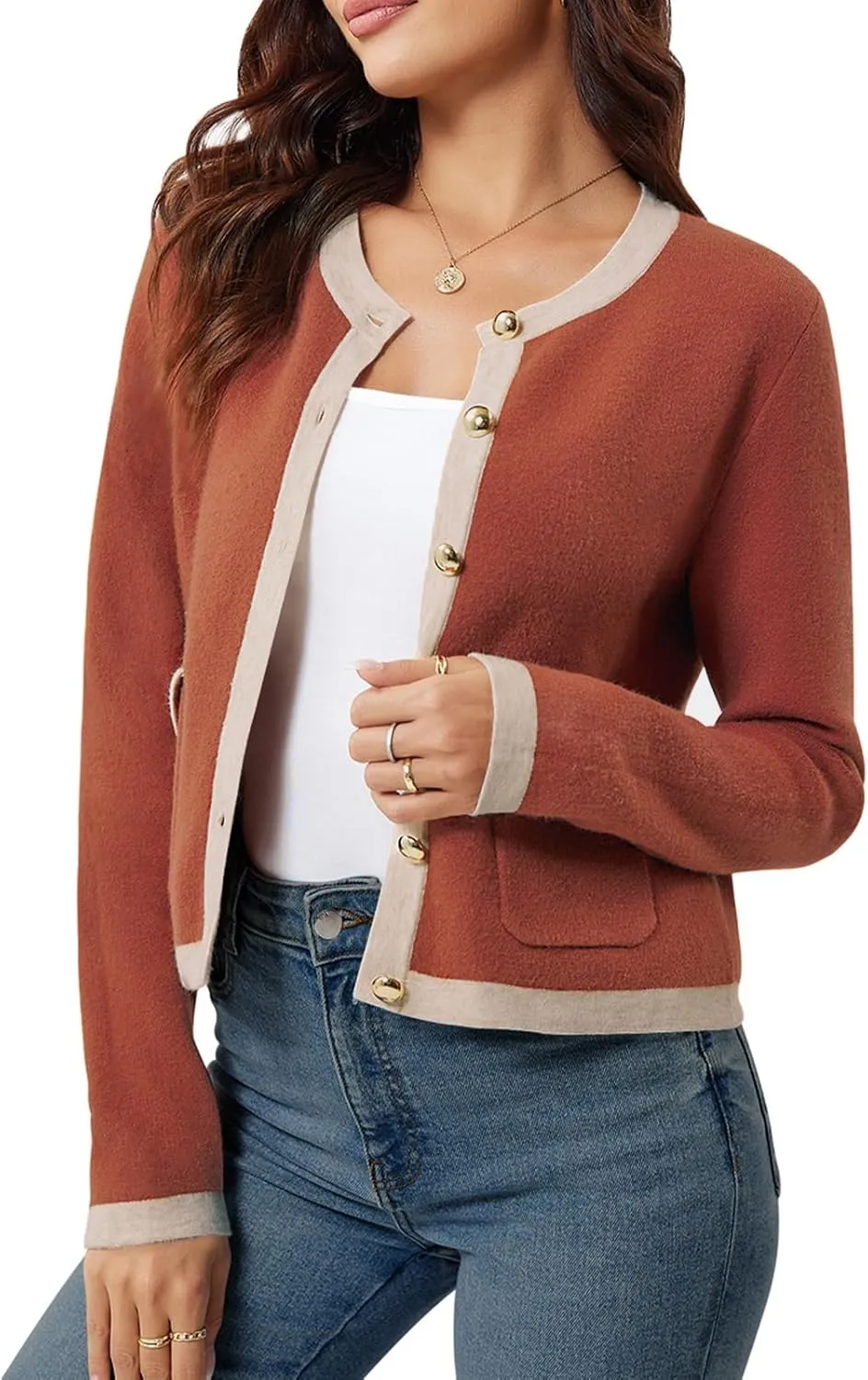 Yousify Womens Button Down Cardigan Long Sleeve Color Block Cropped Cardigan Sweaters Knit Blazer with Pockets