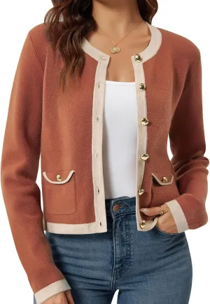 Yousify Womens Button Down Cardigan Long Sleeve Color Block Cropped Cardigan Sweaters Knit Blazer with Pockets