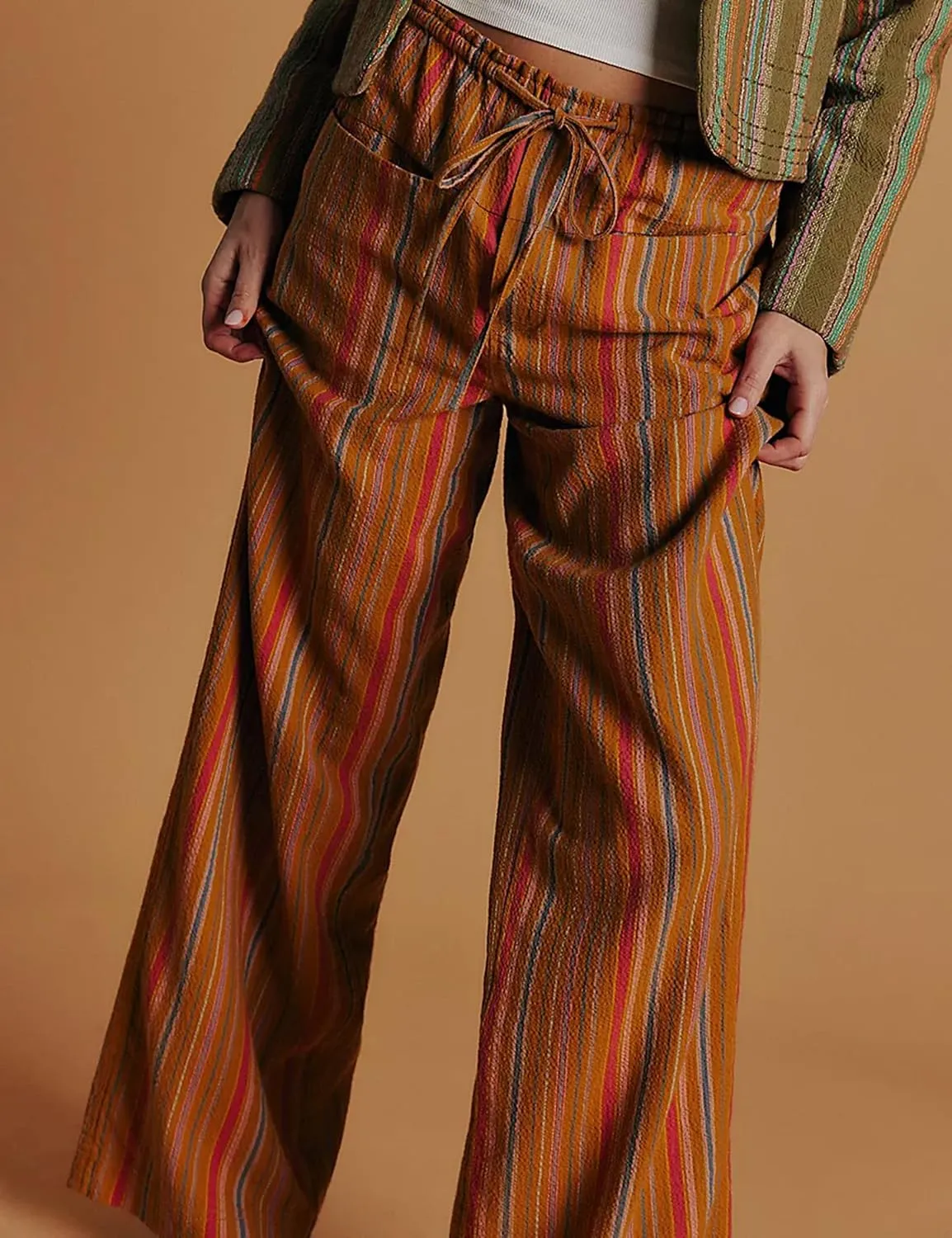 Ythomm Womens Striped Wide Leg Trousers Y2k Plaid Print Drawstring High Waist Casual Pants Boho Baggy Check Pants with Pocket