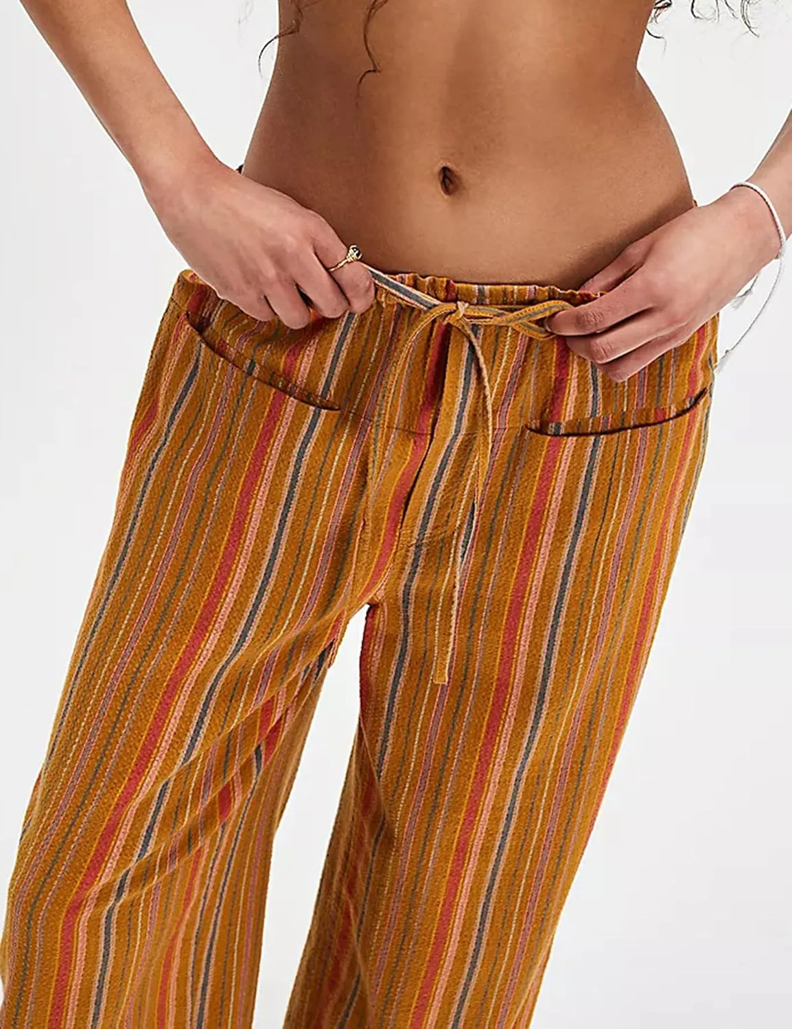 Ythomm Womens Striped Wide Leg Trousers Y2k Plaid Print Drawstring High Waist Casual Pants Boho Baggy Check Pants with Pocket